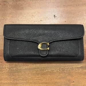 Coach Black Pebbled Leather Continental Wallet with Gold C Logo